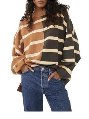 Free People Striped Off-Shoulder Sweater in Brown, Olive & Cream